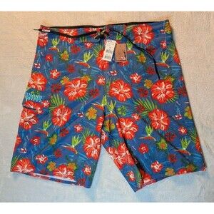 Hinano Tahiti Mens Boardshorts 36 Tropical Storm Blue Red Floral Swim Shorts NWT